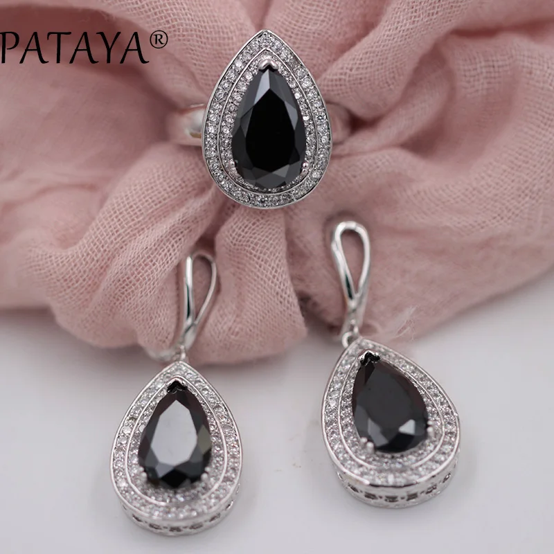 PATAYA True White Gold Color Wedding Jewelry Big Green Water Drop Natural Zircon Earrings Ring Set Women Luxury Trendy Jewelry