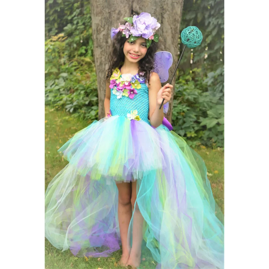 Kids Princess Flowers Rainbow Tutu Dress Baby Long Tail Fairy Costume Girls Colored Wedding Ball Gown Baby Party TUTU Clothing