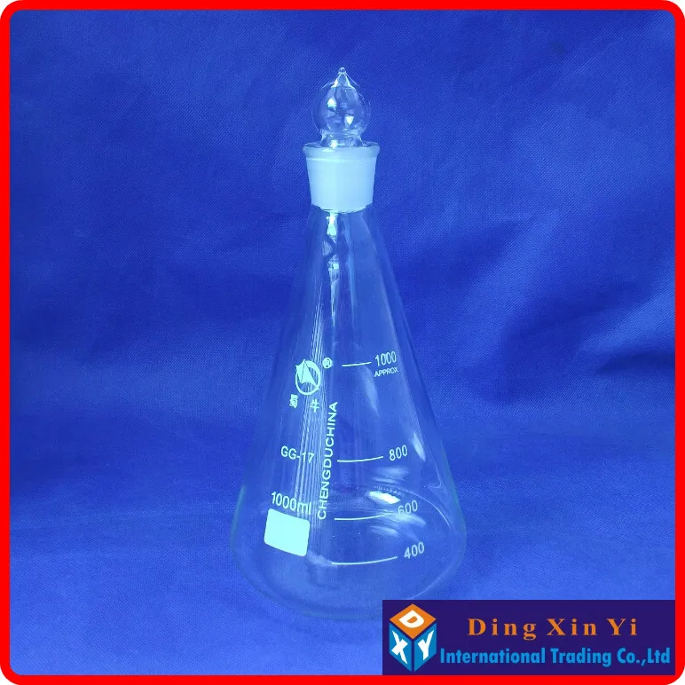 Free shipping (4 pieces/lot)high quality 1000ml conical flask with cover, Conical flask with stopper,high borosilicate glass