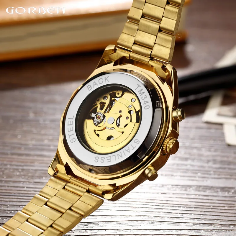 Men Skeleton Luxury Automatic Mechanical Watch Stainless Steel Self-wind Wrist Watch Silver Gold Men Clock Relogio Masculino