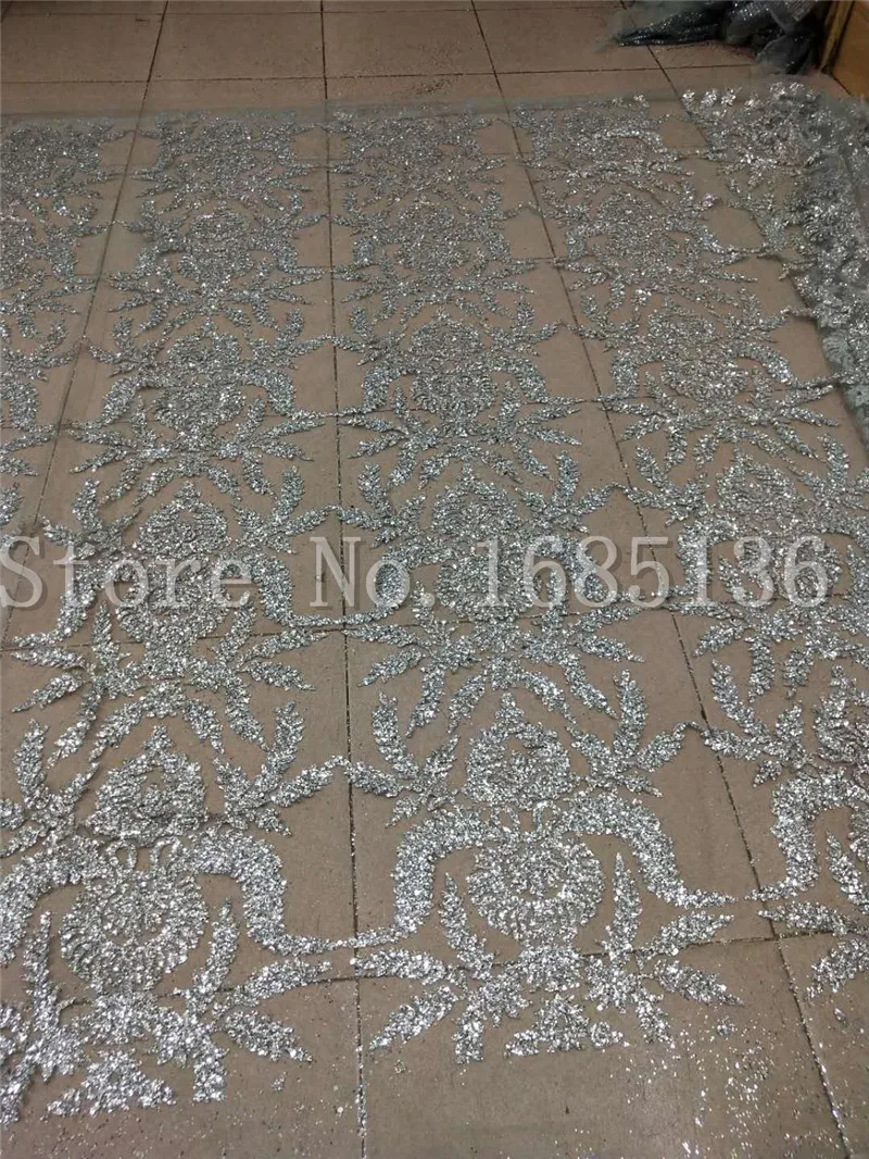 Silver color Good looking design glued glitter fashion H-1917 african glitter lace fabric for shinny decoration