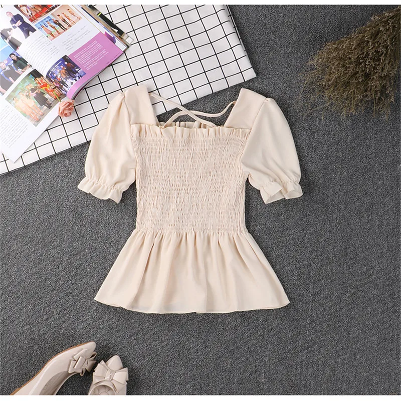 2019 New Women Summer Ruffles Blouse Sexy Tie Chiffon Blouses Female Slim Solid Bottoming Short Sleeve Shirts Short Tops AB1371