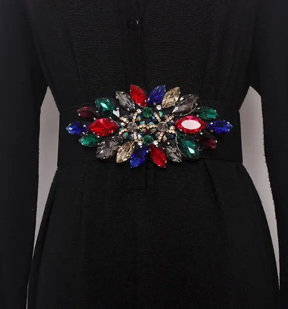 Women's runway fashion rhinestone beaded elastic Cummerbunds female Dress Corsets Waistband Belts decoration wide belt R1159