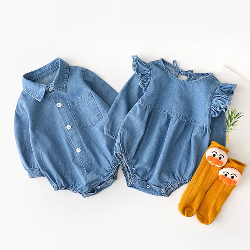 

Baby Bodysuits Baby Cotton Shirt Collar Cowboy Brother Sister Wear Triangular Crawl Clothes Baby Girl Clothes(no sock)