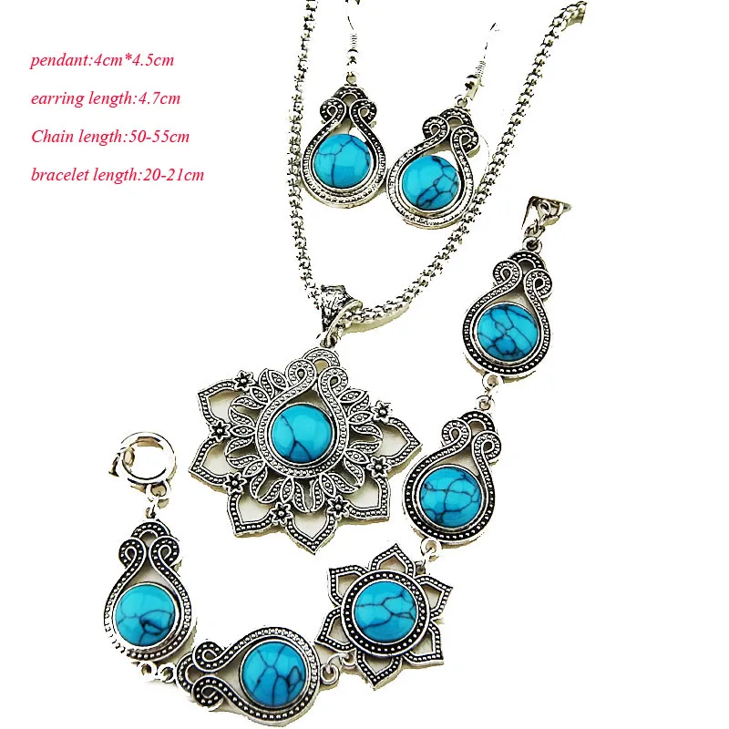 Hot New Style Antique Silver Blue Turquoise Natural Necklace Earrings Bracelet Vintage Stone Jewelry Set For Women Gift A2110