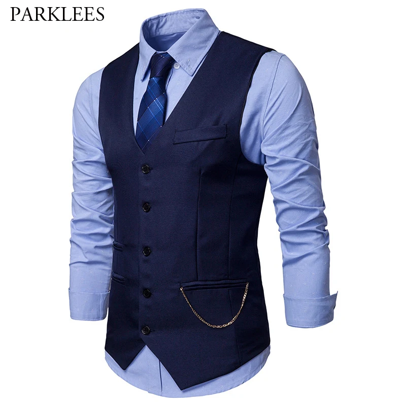 Mens Slim Fit Single Breasted Suit Vest Chaleco Hombre 2019 Fashion Chain Sleeveless Waistcoat Men Formal Wedding Dress Vests