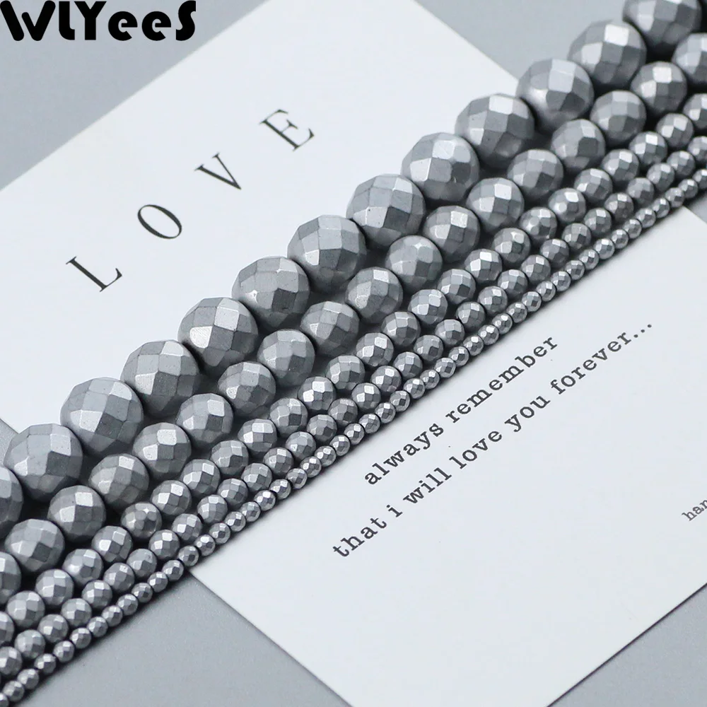 WLYeeS Silver Plated Matte faceted Round Hematite beads 2 4 6 8 10mm ball loose beads for Jewelry Necklace Bracelet Making DIY