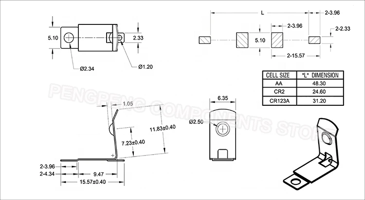 5pcs/lot 0.25mm Nickel Plated Spring Steel SMT SMD AA Battery Clip, AA Battery Holder, AA Battery Contact