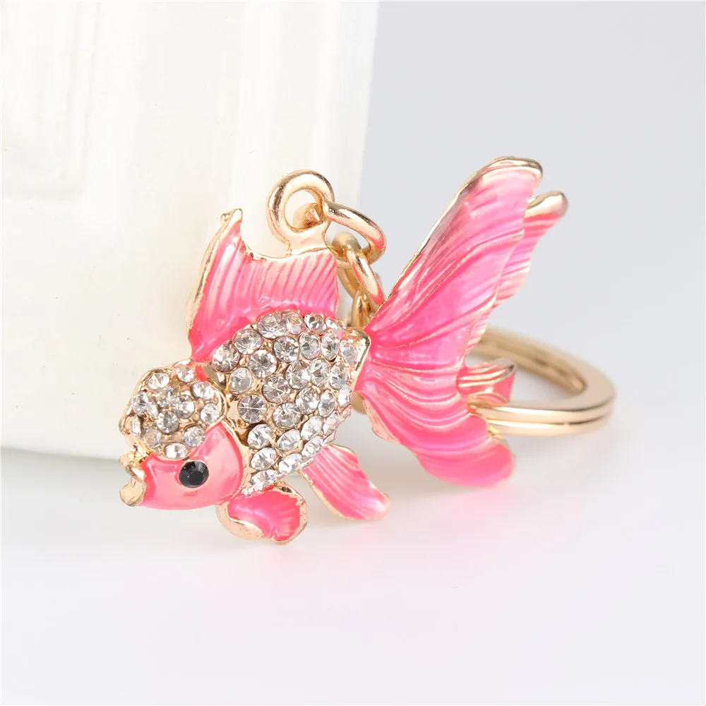 Lovely Pink Goldfish Cute Crystal Charm Purse Handbag Car Key Keyring Keychain Party Wedding Birthday Gift