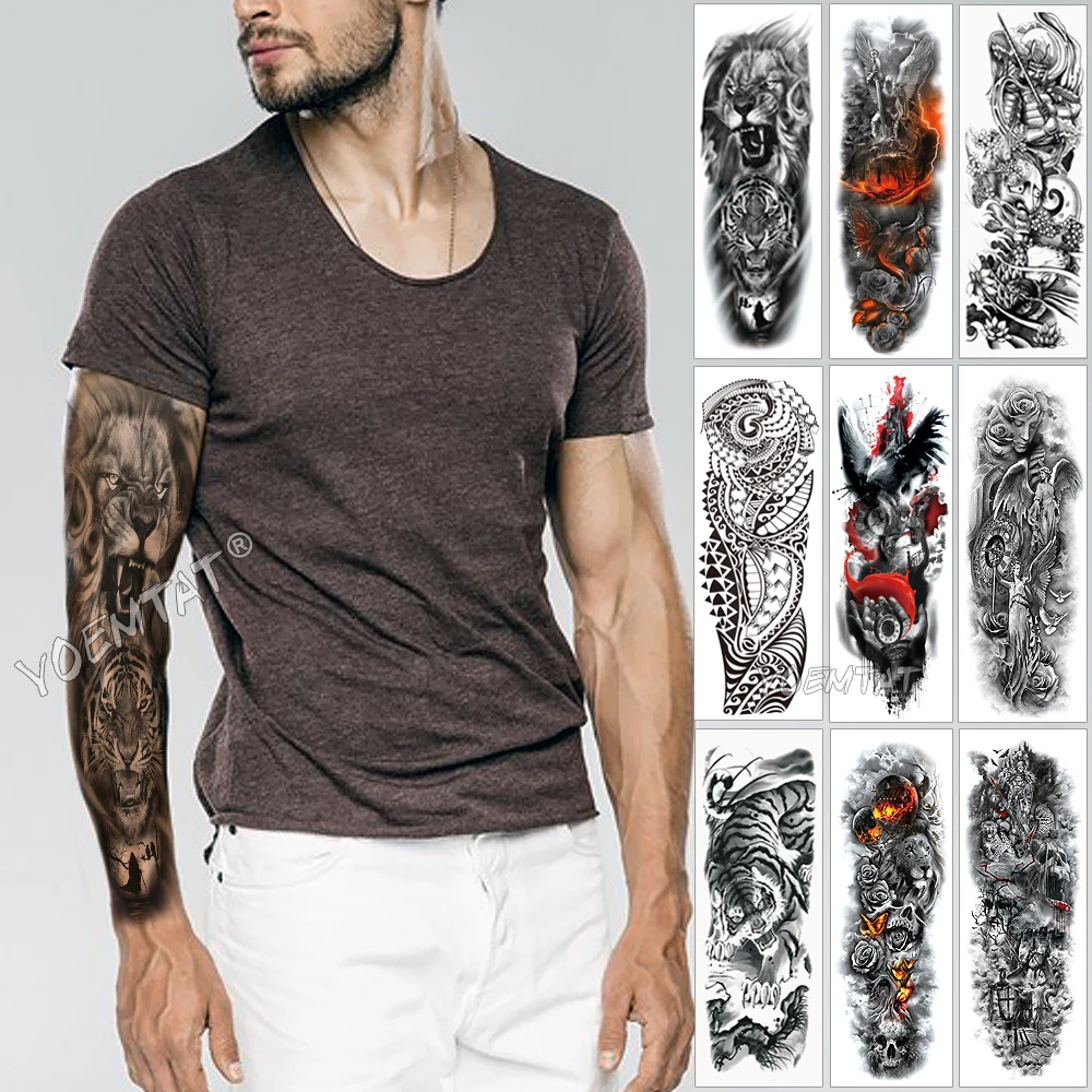 Large Arm Sleeve Tattoo Sketch Lion Tiger Waterproof Temporary Tatoo Sticker Wild Fierce Animal Men Full Bird Totem Tatto