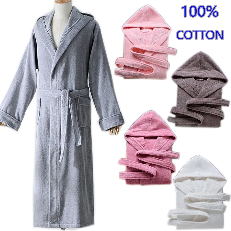 Autumn Winter Thick Pure Cotton Plain Color Bathrobes Sleepwear Robes Unisex Long-sleeve Absorbent Terry Bathrobe Hooded Pijamas