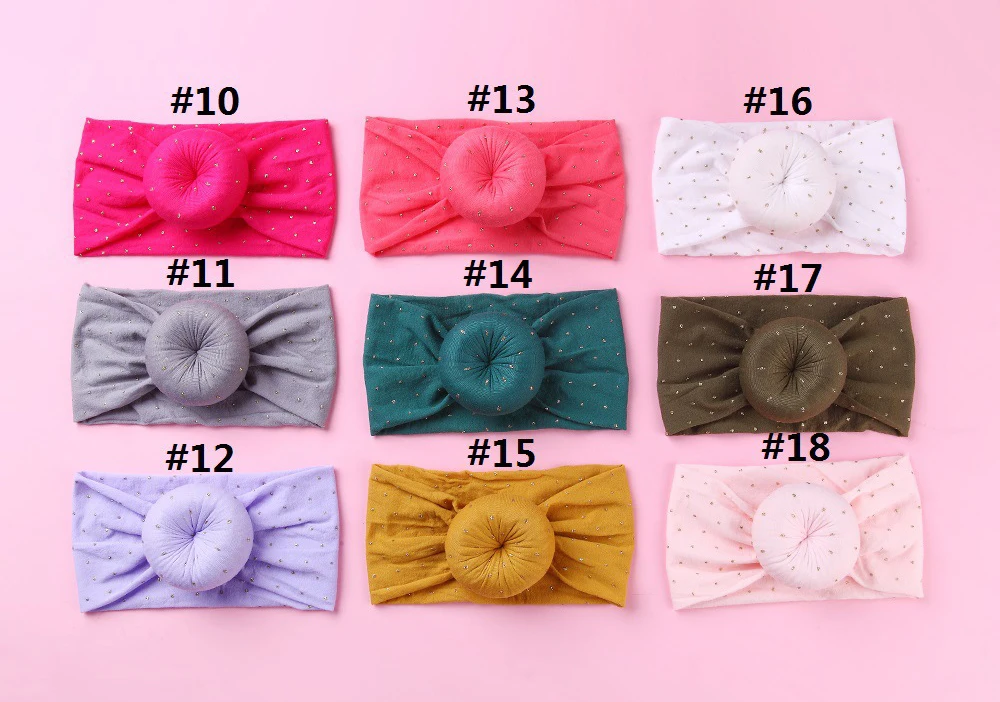 

24pc/lot New Gold Dot Round Knot Nylon Headbands Kids Girls Round Knot Bow Nylon Headband Children Donuts Wide Headband Turban