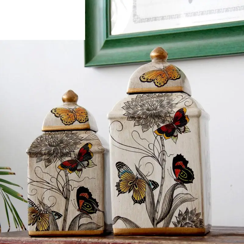 American New Style Chinese Style European Style Ornaments Hand Painted Square Pastels Butterfly Model Rooms vase ceramic jar pot