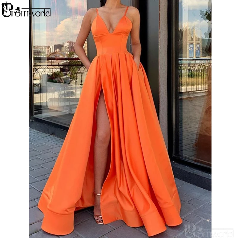 Sky Blue A-Line Long Evening Gown with Leg Slit Spaghetti Strap V Neck High Slit Orange Formal Evening Dresses 2024 Abendkleider