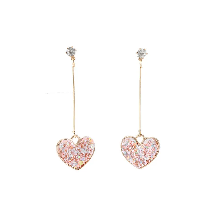 Korean Fashion Sweet Romantic Girl Pink Sequin Love Long Exquisite Pendant Earrings Temperament Wild Bride Earrings Gift