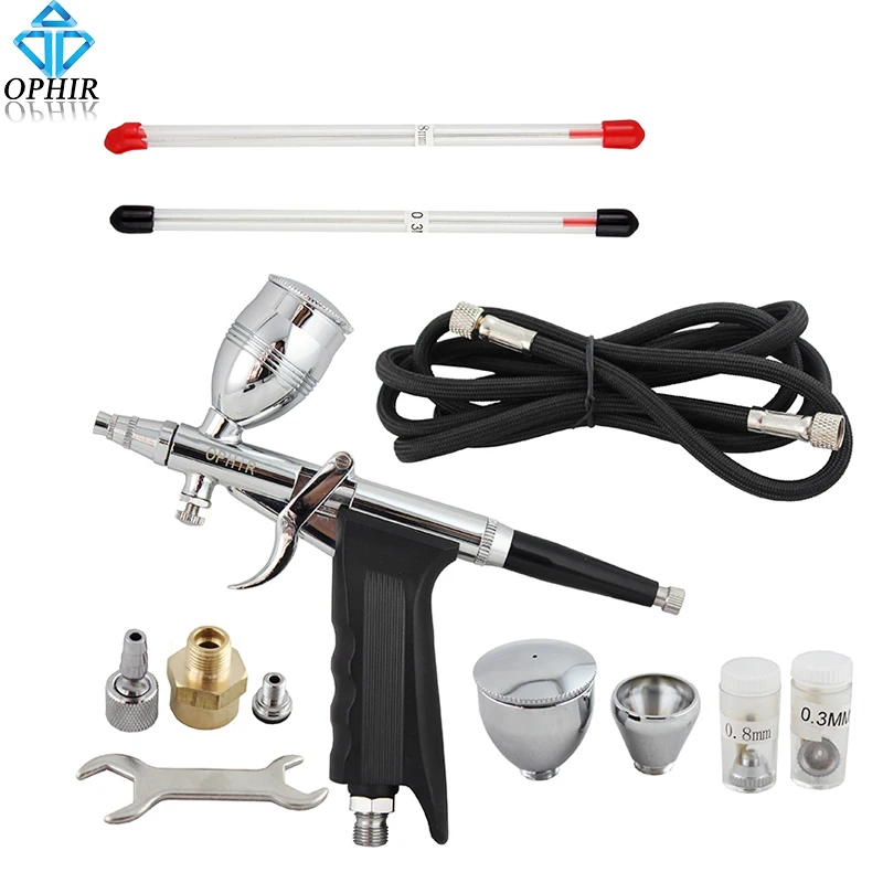 OPHIR 0.3mm,0.5mm,0.8mm Dual Action Airbrush Set for Body Painting Model Hobby Touch-Up Auto Paint Spray Gun Sprayer _AC069