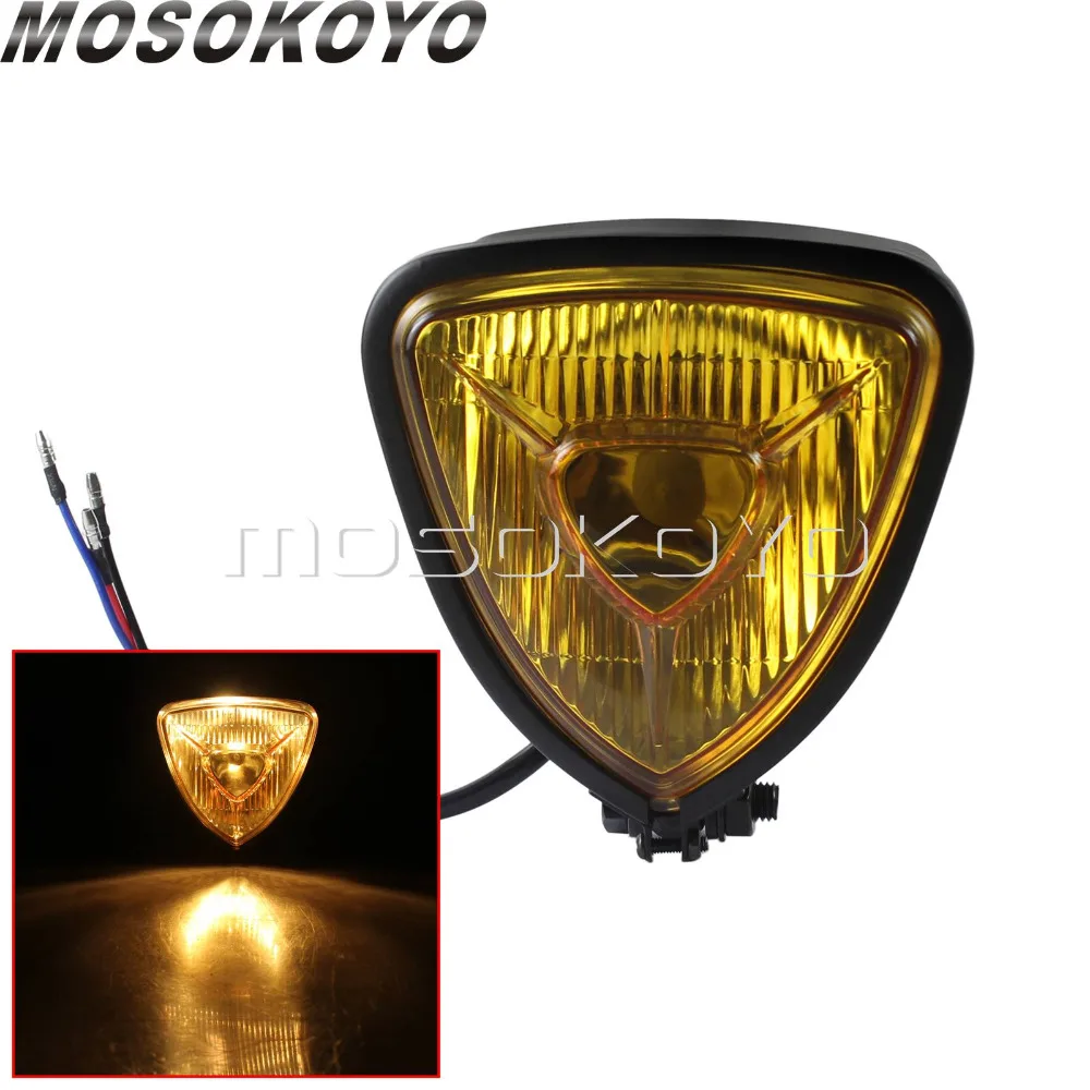 Black with Amber Motorcycle Triangle Vintage Headlight H4 55/60W Front Lamp Universal for Cafe Racer Honda Suzuki Yamaha