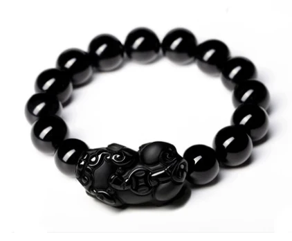 Healing Crystals Obsidian Bracelets Feng Shui Black Tourmaline lemurian quartz crystals Bead Diameter 14mm * 13 with a pixiu