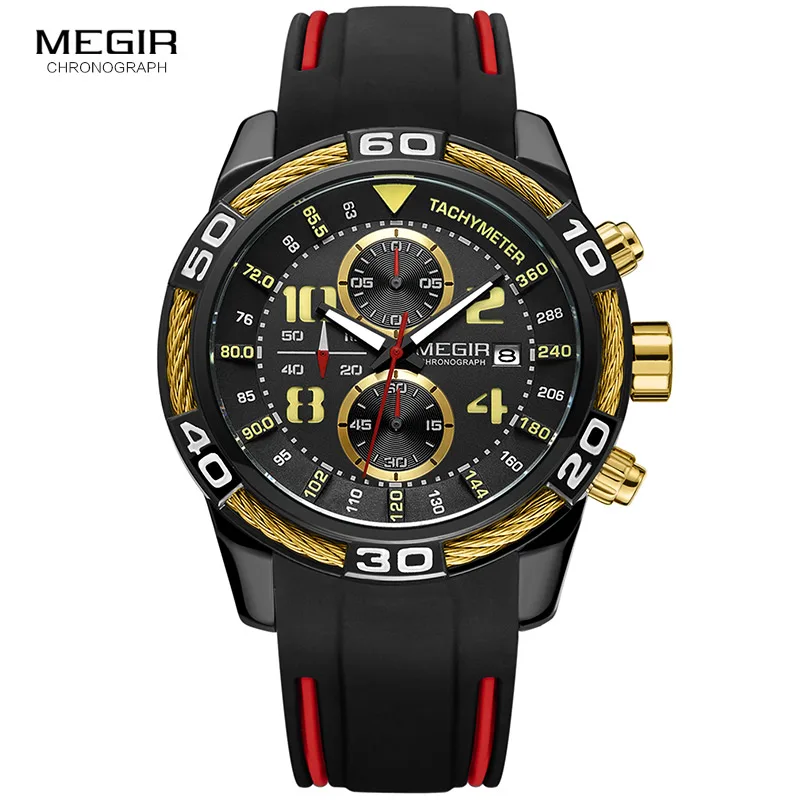 Megir Men\'s Sports Chronograph Quartz Wrist Watches Waterproof Silicone Army Racing Luminous Clock Relojios Masculinos 2045-1N3