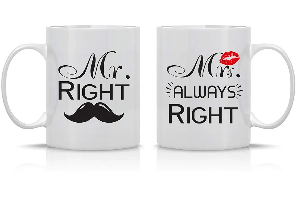 Coffee Mug Mr. Right Mrs. Always Right Wedding Gift for Couple Funny Engagement Gifts Anniversary Present 11oz Ceramic Set 2pcs