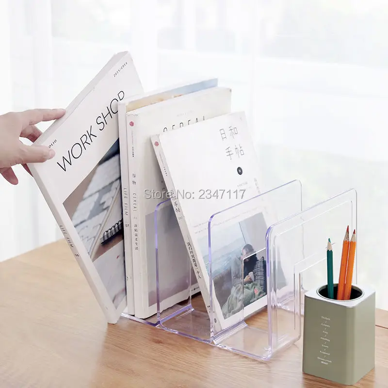 High Quality Three/Four Tiers Acrylic Transparent Acrylic Bookend Students Desktop Storage Partition Frame Bookends Shelf Office