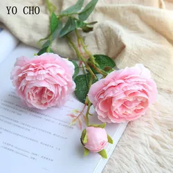 YO CHO White Pink Peonies Artificial Flower Silk Flower Bouquet 3 Heads Rose Flower for Wedding Home Party Decoration High 60cm