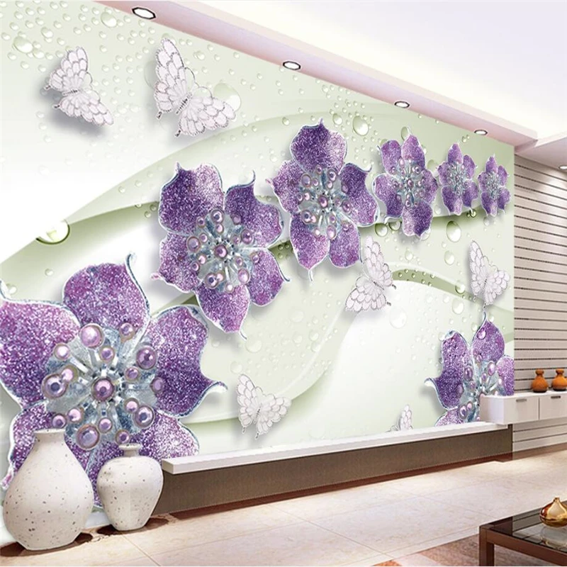 Custom Photo Wallpaper for living room 3D Fresco Wall Sticker Purple Modern Diamond Flower Jewelry Background papel de parede