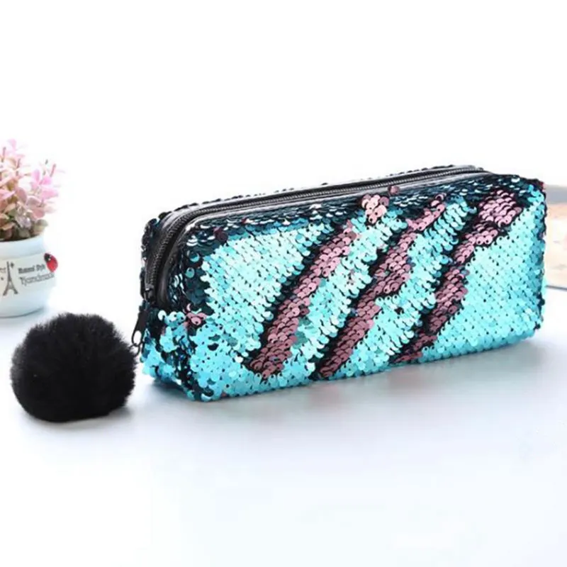 Kawaii School Pencil Case Reversible Sequin Hairball Pencil Case For Girls Cute Pencil Box Student Supplies Stationery Gift