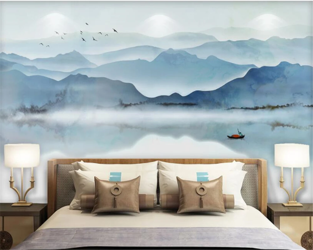 

Custom size mural ink-wash landscape painting mist lake mountain background wallpaper home decoration Living room 3d wallpaper