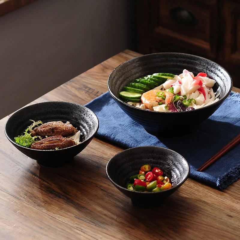 High Quality Ceramic Bowls Pigmented Porcelain 4.5 Inch Japan Style Salad Noodle Soup Black Bowl Creative 9 Inch 1 Piece