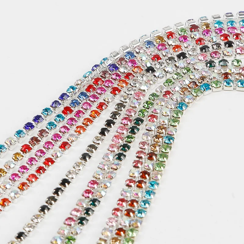 High Density Mixed Color AB Crystal Silver Base Cup Claw Rhinestone Chain for DIY Appliques Trim Sew On Ornament Accessories