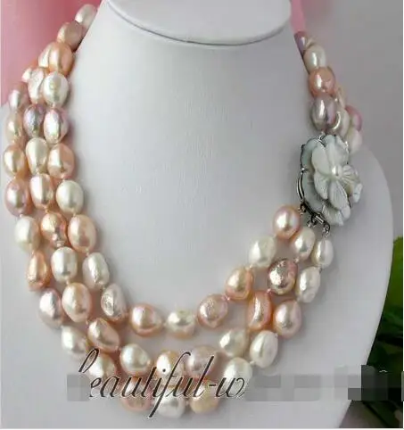 Big 3row 10 - 11 mm white baroque freshwater pearl necklace purple rose