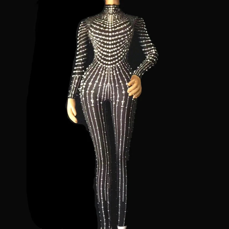 

Sexy black Pearls Jumpsuit Party bar Outfit show bodysuit birthday Nightclub show singer dance Costume