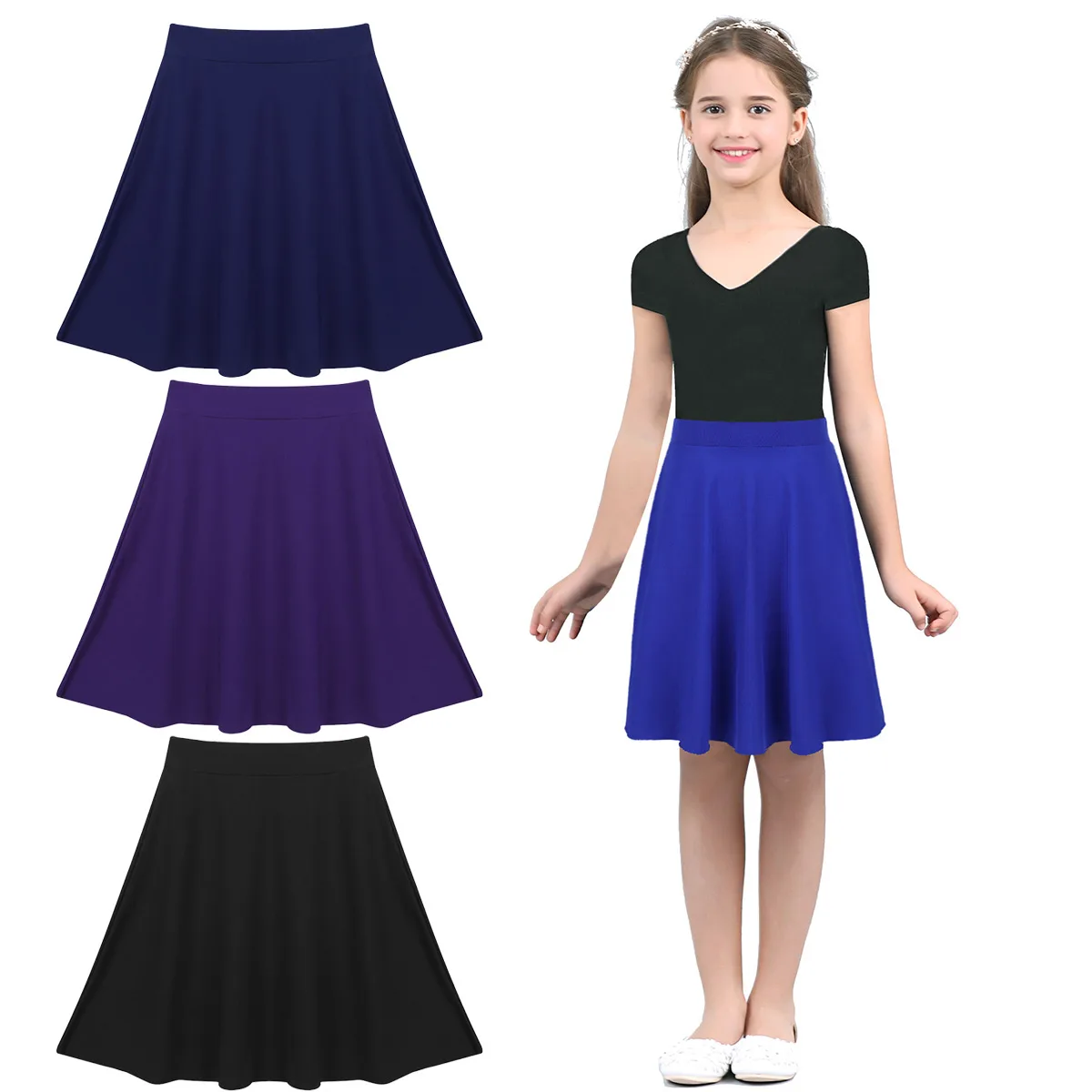 iiniim Teen Summer Skirts Girls Solid Color Lightweight Stretchy Knee Length Full A-Line Skater Skirt for Casaul Party Clothing