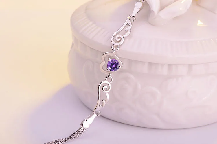 100% 925 Sterling Silver Double Angel Wings Heart Charm Bracelets For Women White/purple Crystal Jewelry Pulseira Feminina