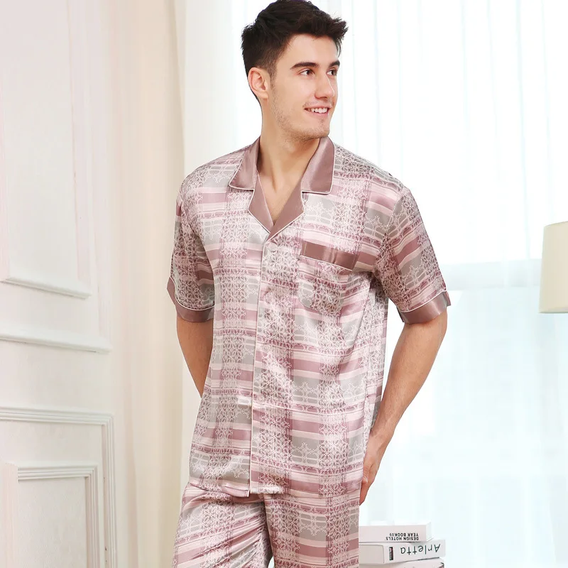 Sexy Faux Silk Men Pajamas Fashion Printed Ice Silk Sleepwear Male Summer Short-Sleeve Pyjama Pants Sets Two-Pieces 9001
