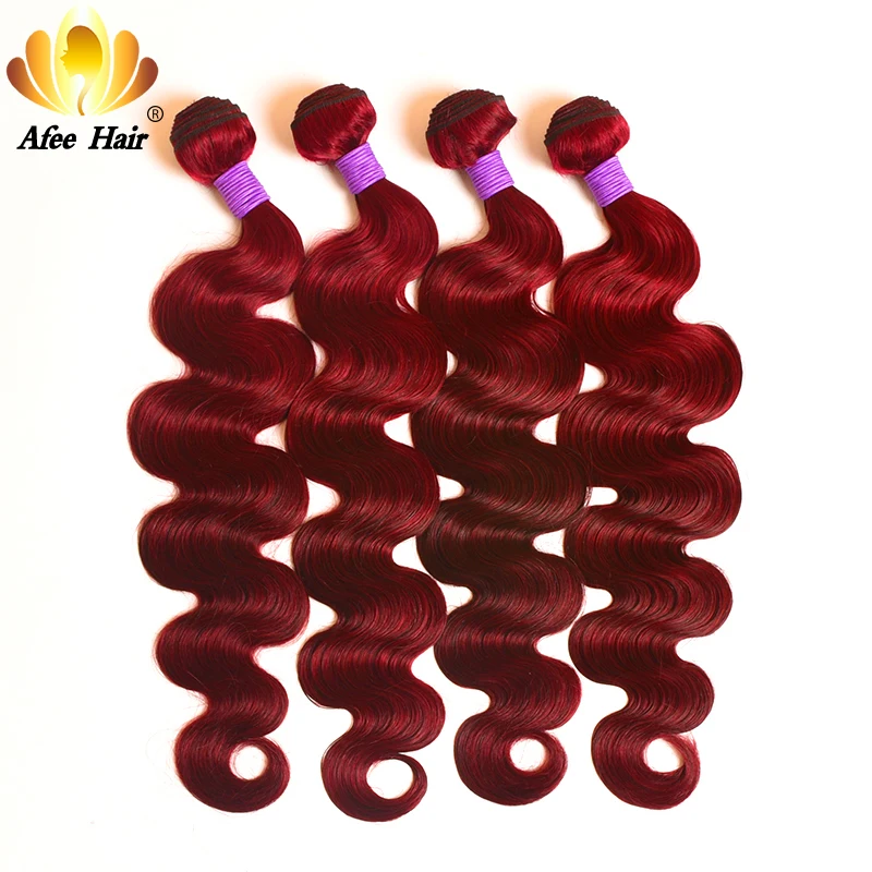 Aliafee Hair Brazilian Body Wave Pre-colored bundle Pack Remy Hair Weave #99 Wine Red Human Hair Extension 4 Bundle Deal