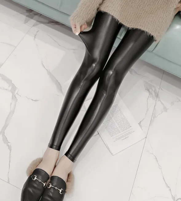 Leather Leggings Winter Fleece Lined Legging Fit High Stretchy Solid Good Elastic Slim Trousers Women OUC1705 Aidayou