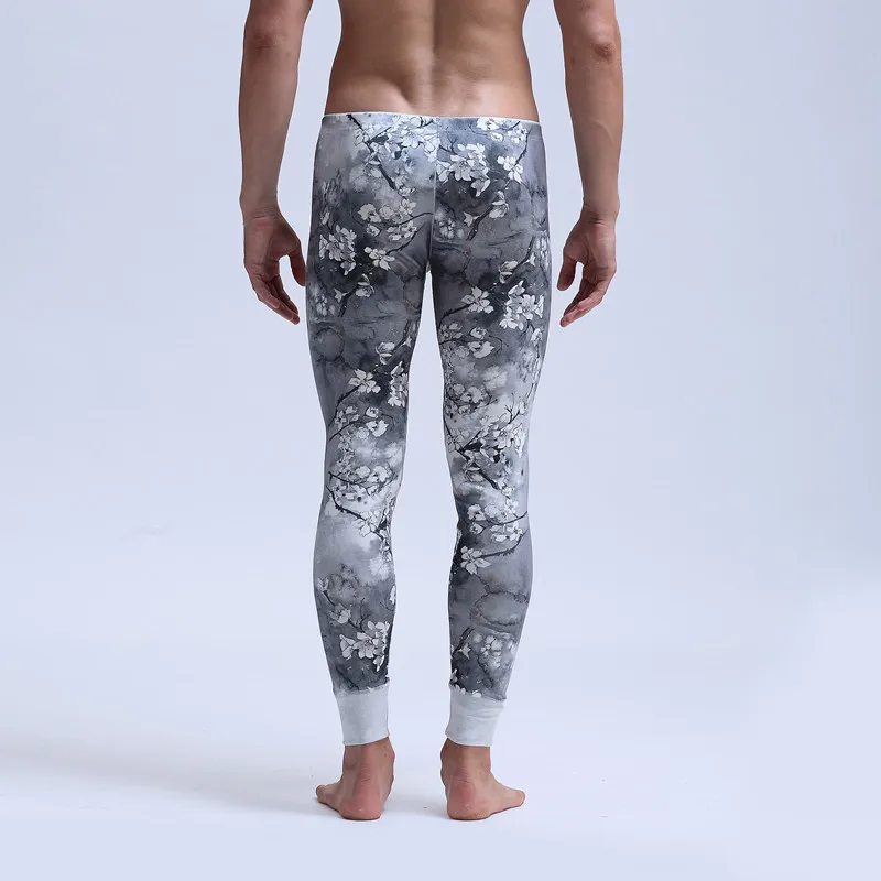 Mens Underwear Thermal Long Johns Tight Low-Waist Elastic Print Terylene Underpants Legging Chinese Ink Painting Calça Masculina