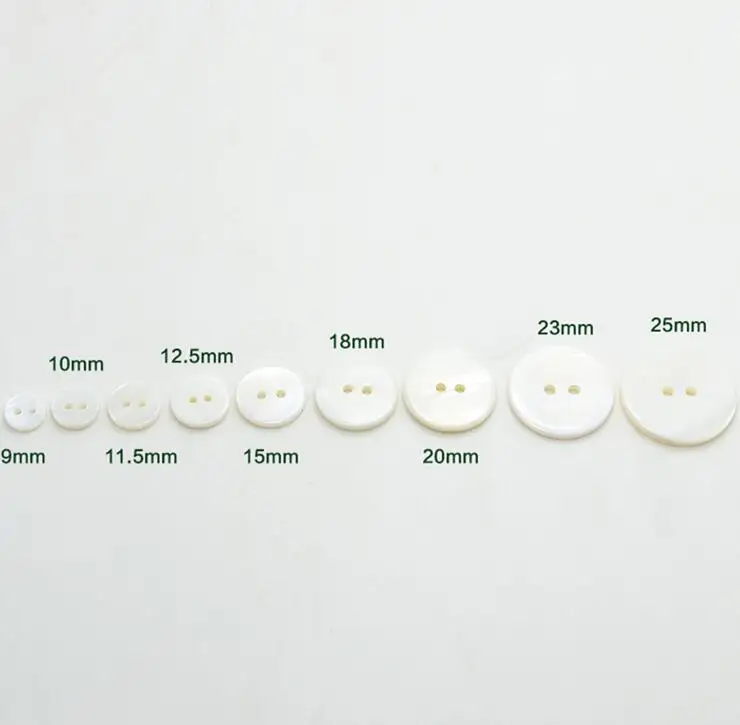 50pcs/lot 9mm/10mm/11mm/12mm/15mm/18mm/20mm/23mm fashion natural White mother pearl shell button 2 holes flat shirt button