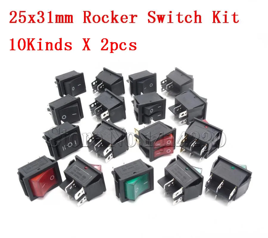 20Pcs Rocker Power Switch Kit 25*31mm KCD4-201 4 Pin 6 Pin 2 / 3 Position 16A 250V 20A 125VAC Green Red Black Button with Light