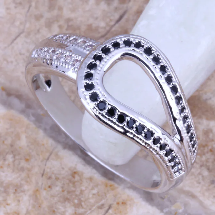 Circle Black Cubic Zirconia White CZ Silver Plated Ring Size 6 / 7 / 8 / 9 E562