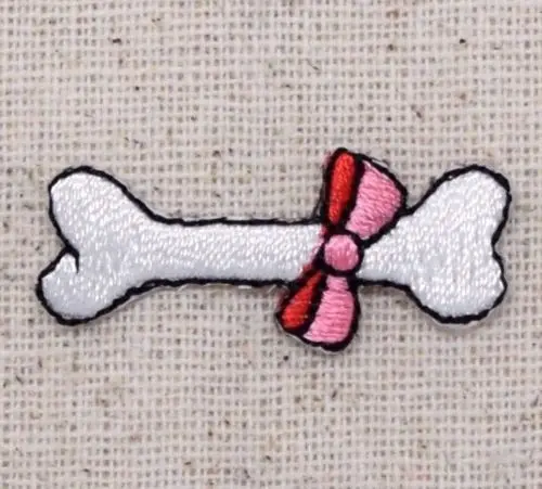 

Mini Small White Dog Bone Pink Bow - Pets - Iron on Applique Embroidered Patch
