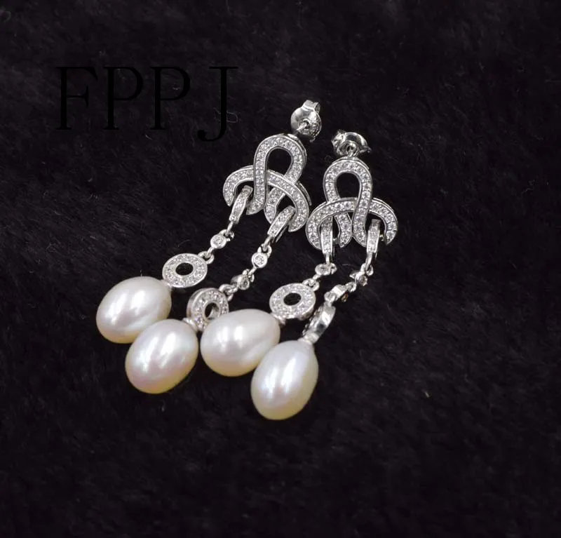 

one pair white freshwater pearl rice 7-9mm hook earrings wholesale beads FPPJ