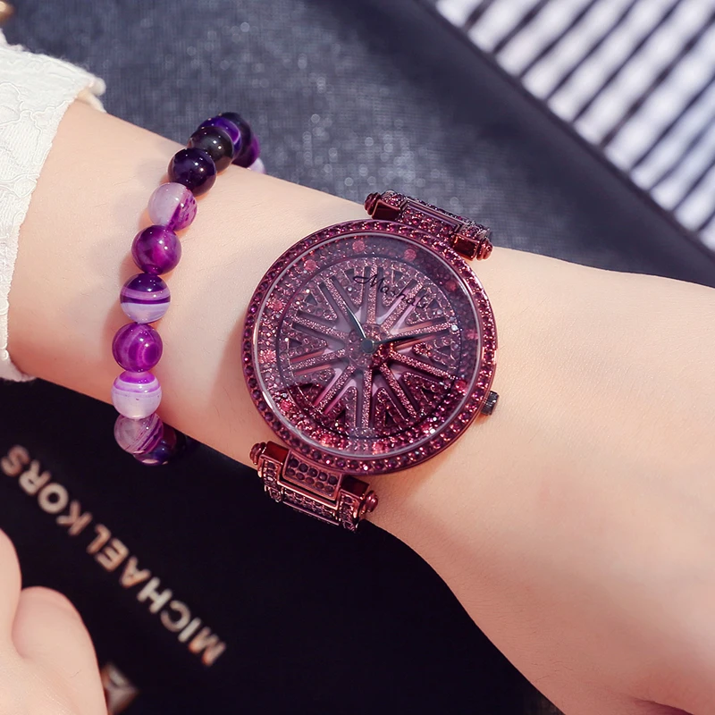 Running Watches with Diamond Stone Women Purple Steel watchband Individual ladies Waterproof Fashion Style quartz watch