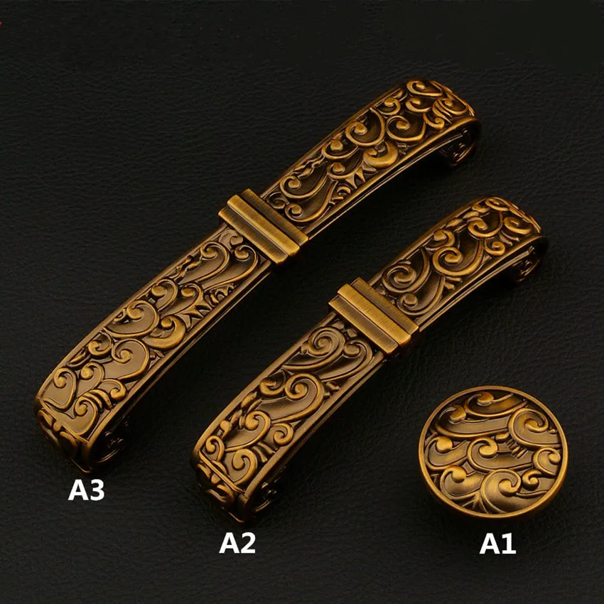 

96128mm europen retro style Engraving Flower furniture handle yellow antique brass kitchen cabinet dresser drawer handle knob 5“