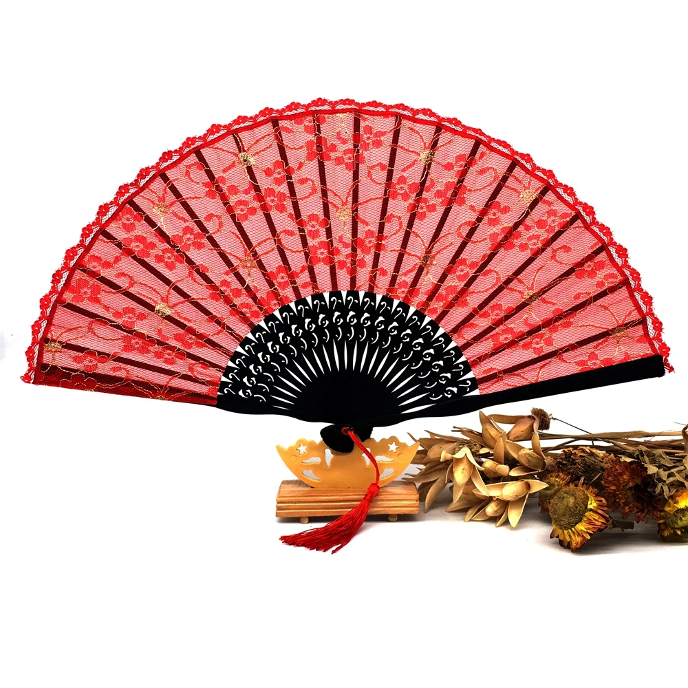 Free Shipping 10pcs/lot Lace Bamboo Fans Red Golden Lace Flower Decor with Tassel For Gift Wedding Dancing Hem Night Party