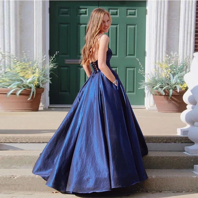 Sweetheart Long Prom Dress Dark Navy Taffeta Simple Women Formal Party Dress Cheap Vestido De Fiesta De Graduacion Lace Up Back