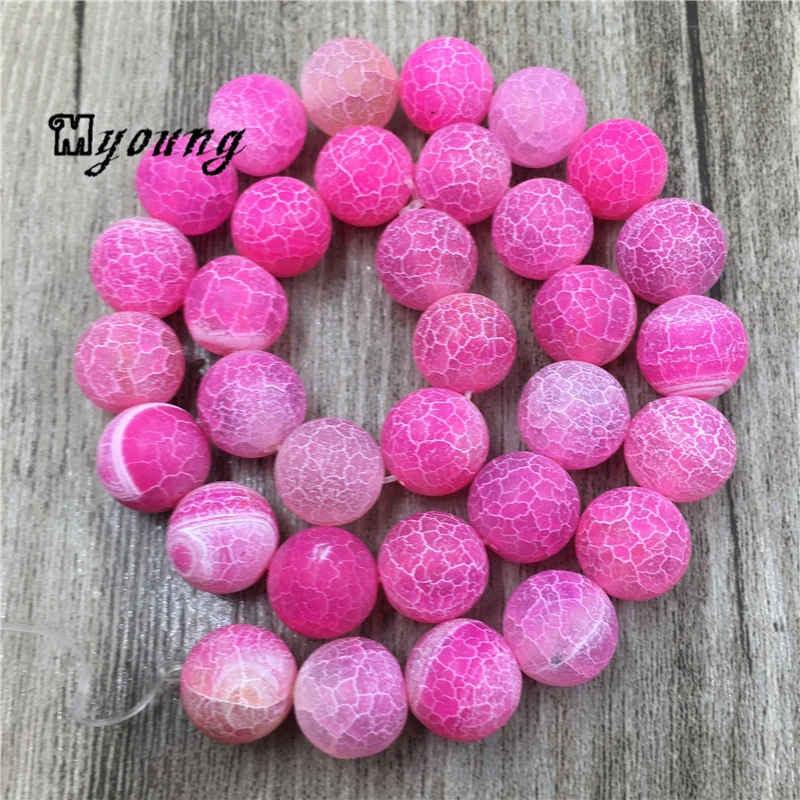 

5Strands Matte Fuchsia Crackle Agates Beads,Pink Round Frosted Fire Dragon Veins Agates Loose Beads MY0192