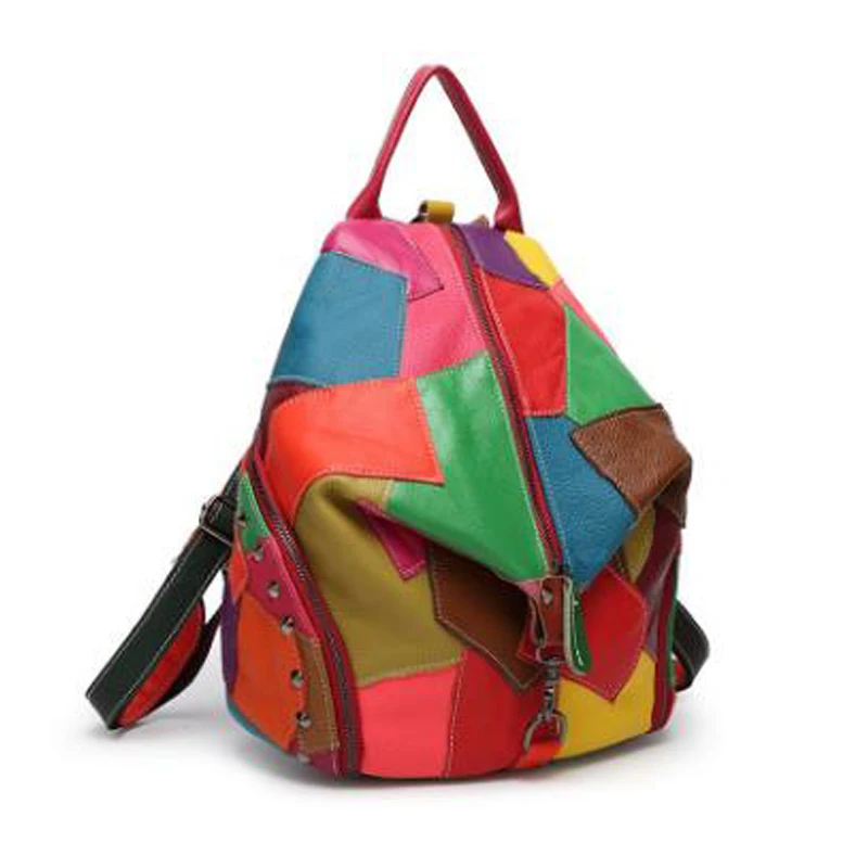 Imagem -02 - Mochila Feminina Couro Legítimo com Alça Macia Mochila Feminina Designer Pele de Ovelha Patchwork Mochila com Rebites para Viagem Cores Alta Qualidade